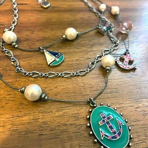 Betsey Johnson Nautical Necklace Teal & Pink 3 tier, Charm Anchors & Pearls